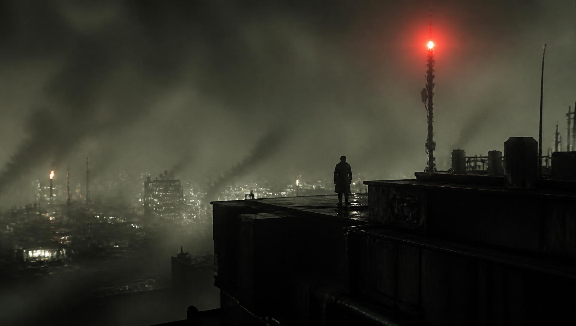 Cinematic dystopian skyline at night with a distant red signal light